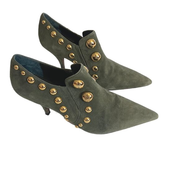 Tory Burch Georgina Olive Green Suede Gold Studded Ankle Boots with Flaws Size 9 - Picture 1 of 16